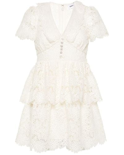 Self-Portrait Short Flared Dress With Macramé Flowers - White