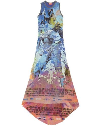 DIESEL D-Leele Destroyed Jersey Gown With Poster Print - Blue