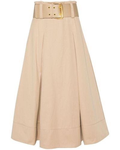 Elisabetta Franchi Twill Midi Skirt With Belt And Darts - Natural