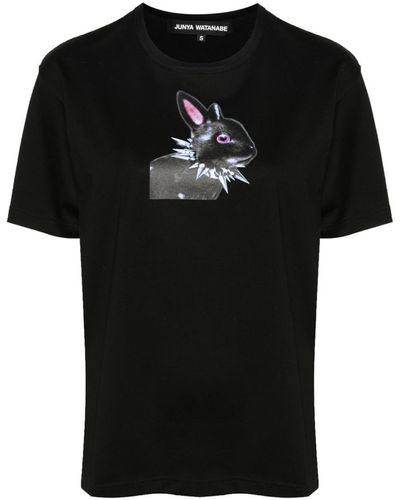Junya Watanabe Cotton T-Shirt With Bunny Print - Black