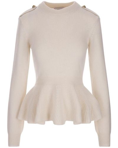 Alexander McQueen Ivory Wool And Cashmere Peplum Sweater - White