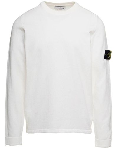 Stone Island White Crewneck Sweatshirt With Compass Logo Patch On The Sleeve In Cotton Man