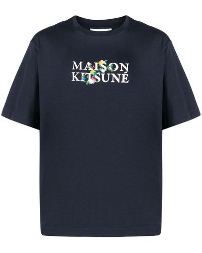 Maison Kitsuné Logo-embroidered Crew-neck T-shirt - Blue