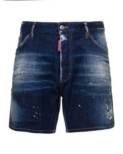 DSquared² 'commando' E Used Wash Shorts With All-over Paint Stains In Stretch Cotton Denim Man - Blue