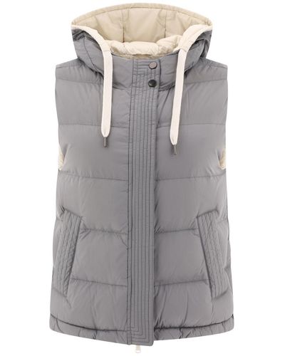 Brunello Cucinelli Nylon Down Vest With Hood And Shiny Trim - Grey