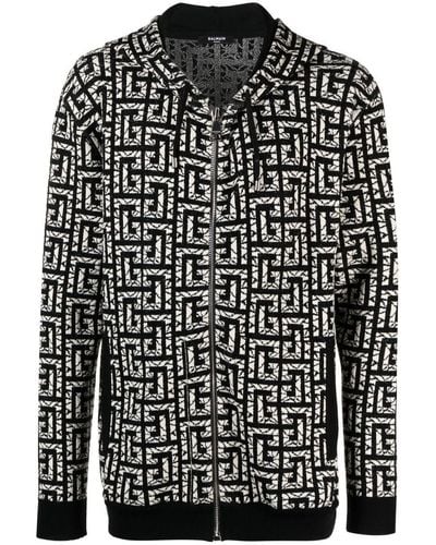Balmain Monogram Intarsia-knit Zipped Hoodie - Black