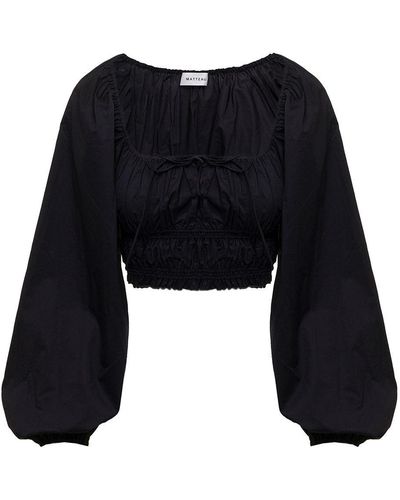 Matteau Woman's Cotton Poplin Cropped Blouse With Balloon Sleeves - Black