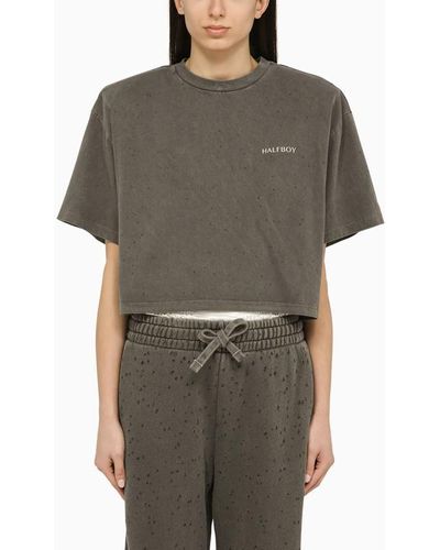 Halfboy Cropped T-Shirt With Maxi Shoulders - Gray