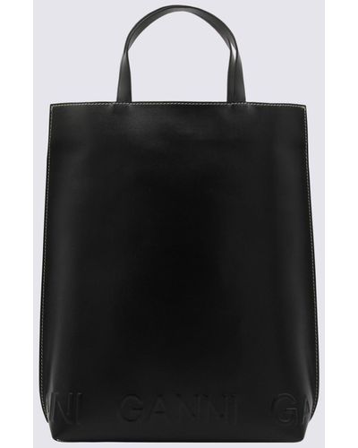 Ganni Black Leather Banner Tote Bag