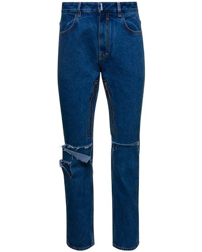 Givenchy Blue Jeans With Zip And Rips Details In Cotton Denim Man