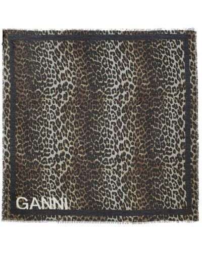 Ganni Leopard Print Foulard Scarf - Black