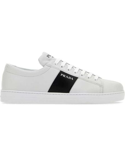 Prada Brushed Leather And Leather Sneakers - White