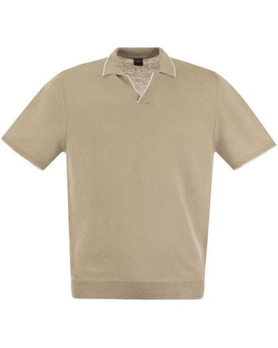 Fedeli Polo Shirt With Open Collar In Linen And Cotton - Natural