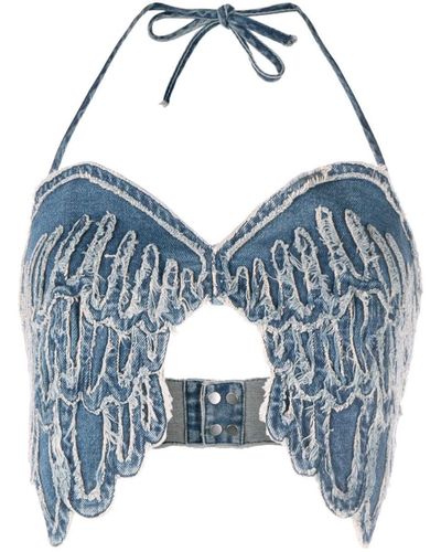 Blumarine Embroidered Wings Denim Top - Women's - Cotton/elastane - Blue