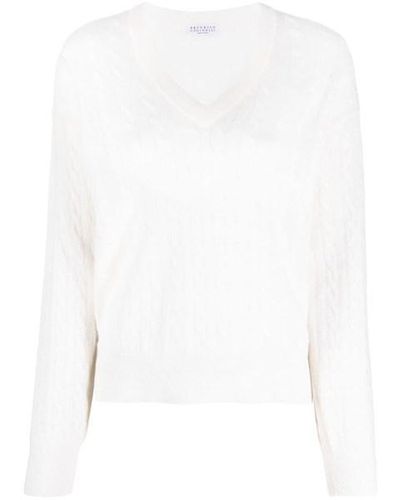 Brunello Cucinelli Cable-knit V-neck Jumper - White