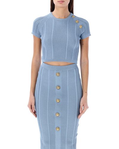 Balmain 6 Button Knit Cropped Top - Blue