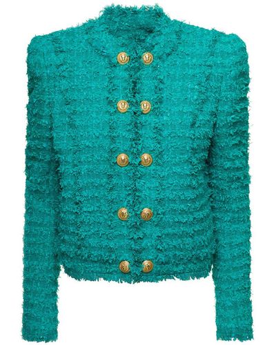 Balmain Fringed Cotton-blend Tweed Jacket in Green | Lyst Canada