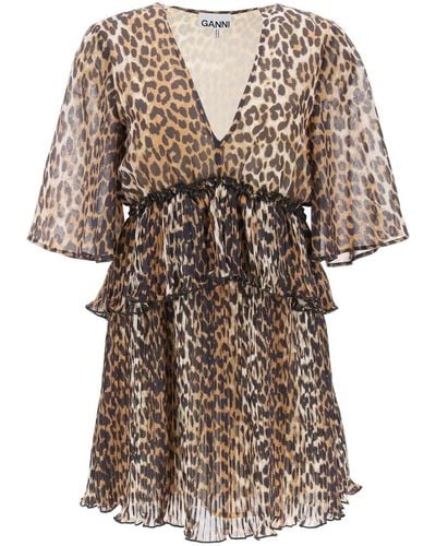 Ganni Pleated Mini Dress With Leopard Motif - Brown