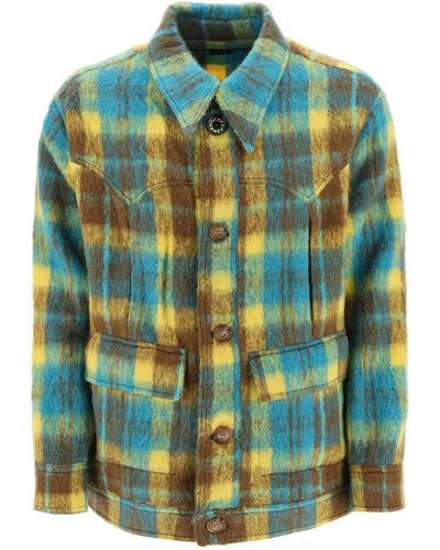 ANDERSSON BELL Brushed-yarn Overshirt With Check Motif - Blue