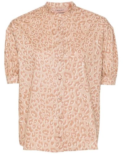 Twin Set Short-Sleeved Cotton Shirt With Leopard Print - Natural