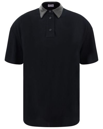 Brunello Cucinelli Cotton Polo Shirt With Jeweled Collar - Black