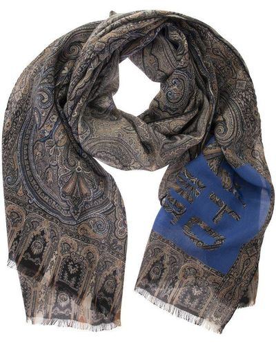 Etro Cashmere And Silk Scarf With Logo - Blue