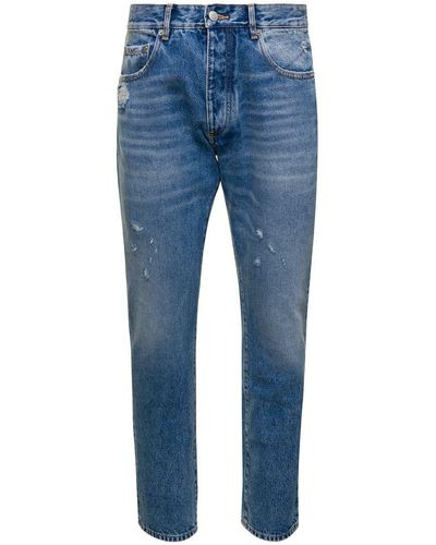 ICON DENIM 'kanye' Blue Five-pocket Jeans With Logo Patch In Cotton Denim Man