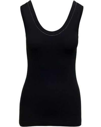 Brunello Cucinelli Ribbed Tank Top With Monile Detail In Stretch Cotton - Black