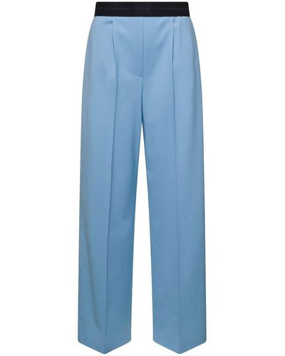 MSGM Light Wide Leg Trousers With Logo Waistband - Blue