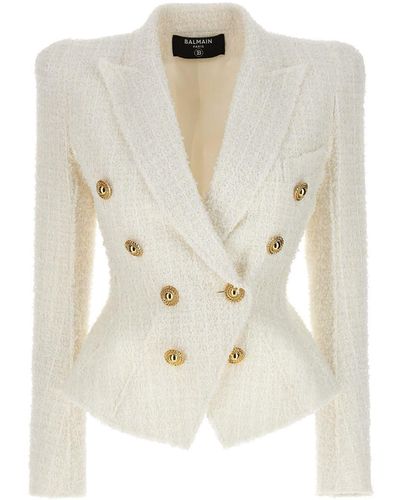 Balmain Double-breasted Tweed Blazer With Logo Buttons Blazer And Suits - White