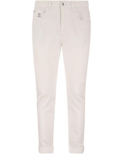 Brunello Cucinelli Garment-dyed Traditional Fit Five-pocket Trousers In Slubbed Cotton Denim - White