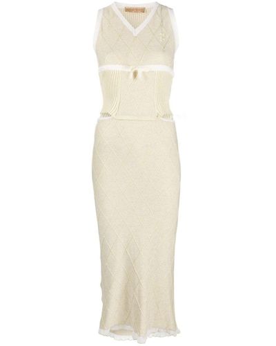 Cormio Katrine Floral-Embroidery Argyle-Knit Midi Dress - White