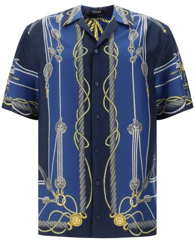 Versace Short-sleeve Brand-print Regular-fit Silk Shirt - Blue