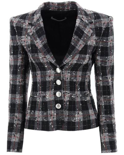 Alessandra Rich Single-breasted Jacket In Boucle' Fabric With Check Motif - Black