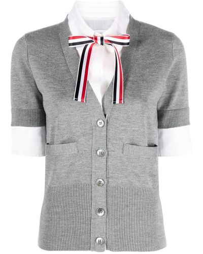 Thom Browne Jersey Stitch Organza Round Collar Shirt Ss V Neck Cardigan Combo In Wool With Rwb Satin Ribbon T Clothing - Grey