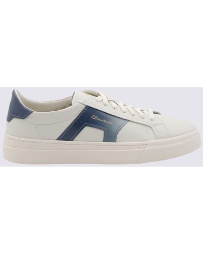 Santoni White And Blue Leather Buckle Trainers
