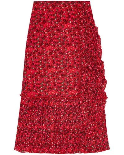 Ganni Ruffle-detail Floral-print Georgette Midi Skirt - Red