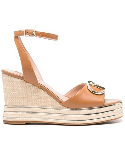 Liu Jo Leather Wedge Sandal With Logo Plaque - Natural