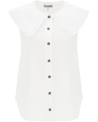 Ganni Sleeveless Shirt With Maxi Collar - White