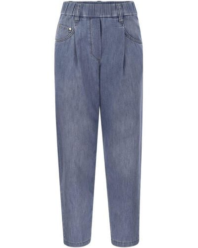 Brunello Cucinelli Lightweight Denim Baggy Pants With Shiny Tab - Blue