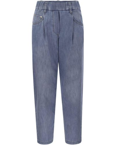Brunello Cucinelli Lightweight Denim Baggy Trousers With Shiny Tab - Blue