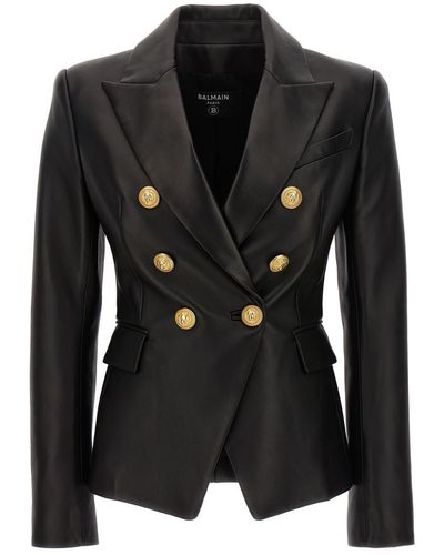 Balmain Double-breasted Leather Blazer Blazer And Suits - Black