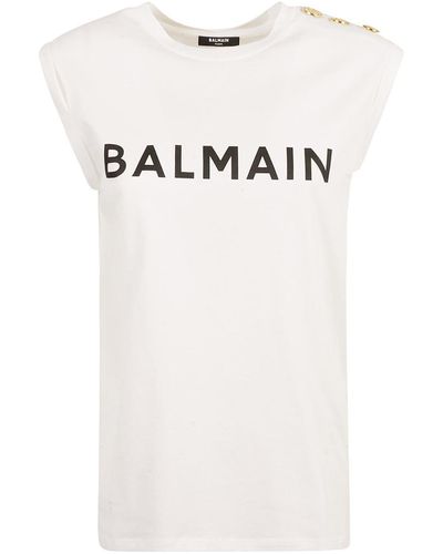 Balmain 3 Button Logo Print Tank Top In White/black