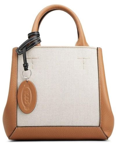 Tod's Double Up Shopping Bag In Leather And Canvas Small - Natural