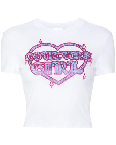 Versace Stretch Cotton Crop T-shirt With Glitter Print - Pink