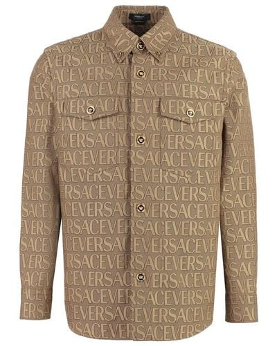 Versace Jacquard Fabric Overshirt With Logo - Natural