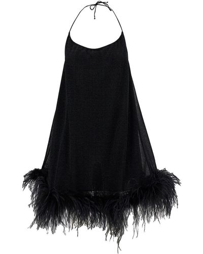 Oséree Mini Black Dress With Halterneck And Feathers In Polyamide Blend Woman