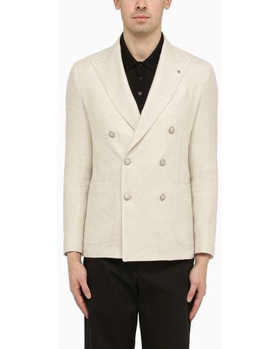 Tagliatore Cream Double Breasted Jacket In Wool And Linen - Natural