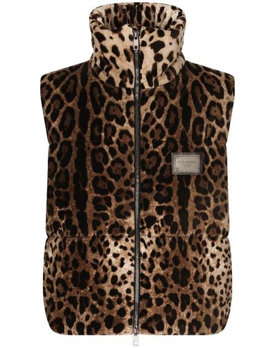 Dolce & Gabbana Sleeveless Leopard-Print Jacket With Logo Tag - Brown