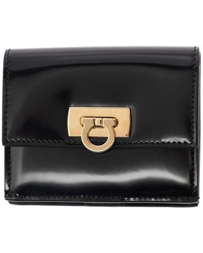 Ferragamo 'wanda' Black Wallet With Gancini Closure In Patent Leather Woman